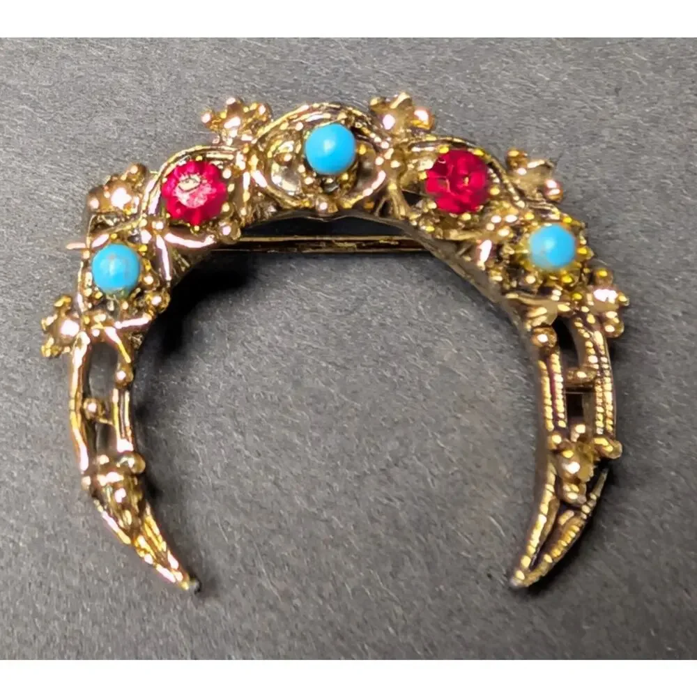 Vtg Gerry's Gold Tone Crescent Moon Brooch Pin Turquoise Ruby Red Rhinestones